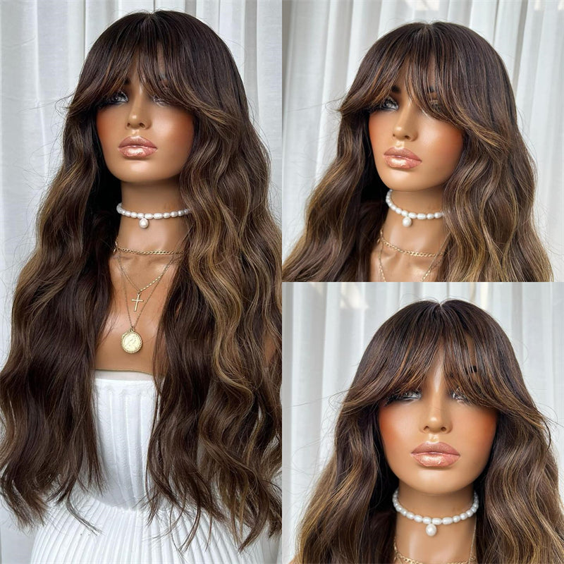 Lace Front Humana Ondulada com franja morena iluminada 70cm 13x4 HD - Karen