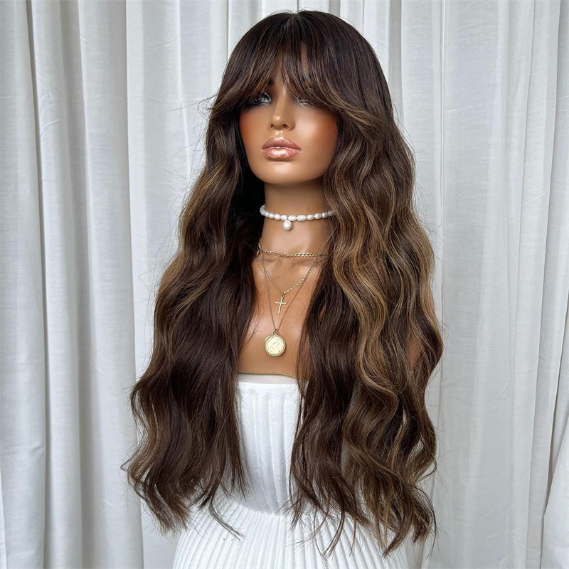 Lace Front Humana Ondulada com franja morena iluminada 70cm 13x4 HD - Karen